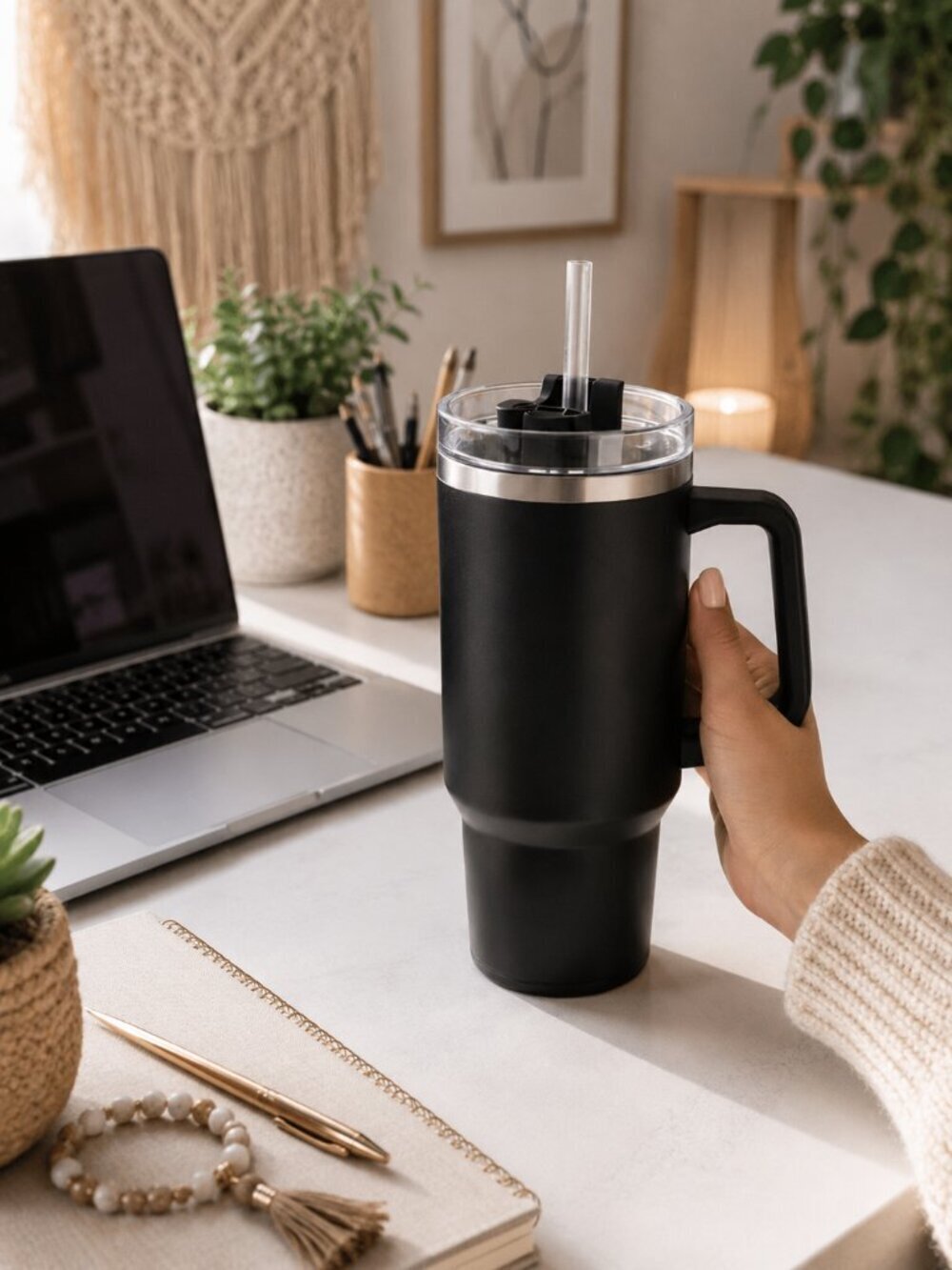 40oz Stainless Steel Tumbler Handle Straw Matte Black Vacuum Insulated Mug 10.6"